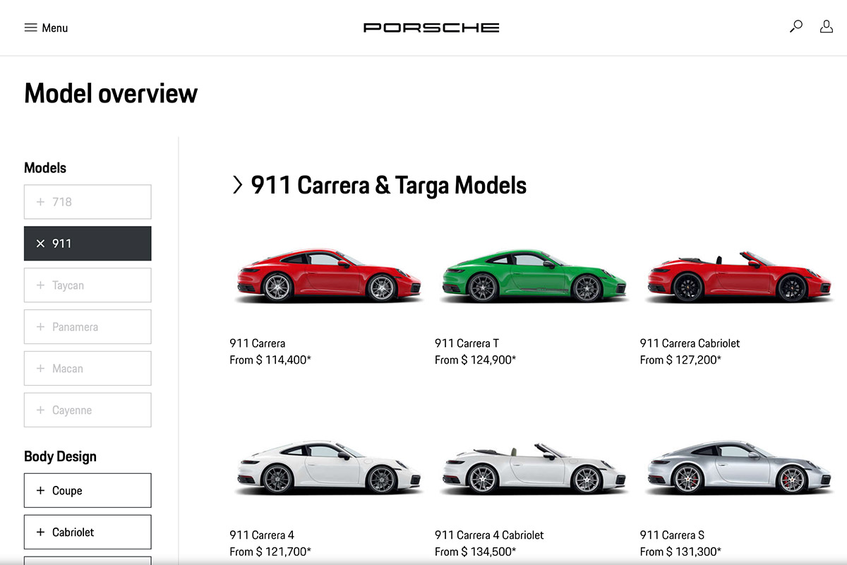 Image of 911 model lineup on the Porsche website