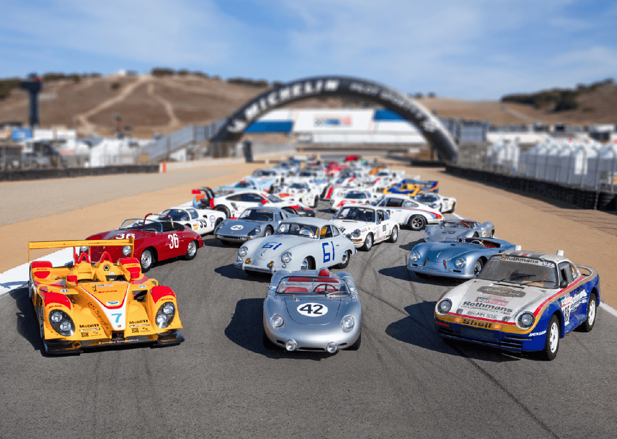 Image of various Porsches displayed at Rennsport reunion.